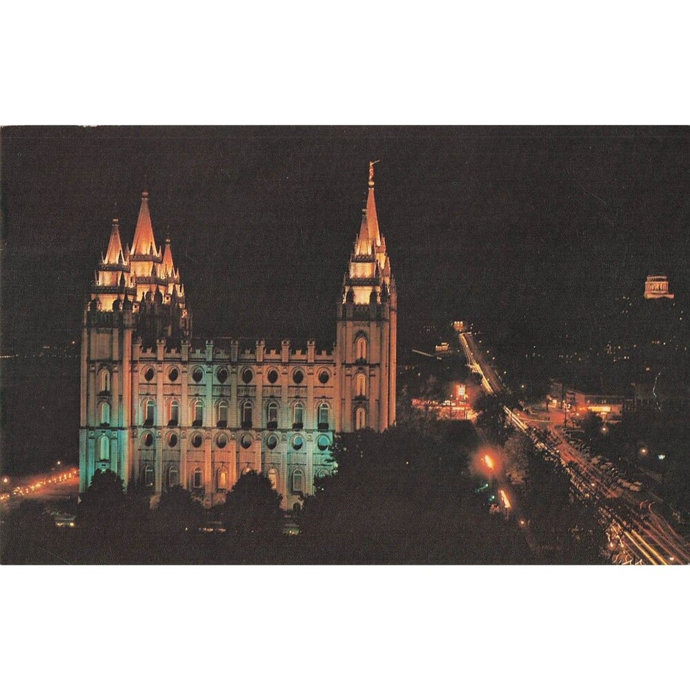 1958 Salt Lake Temple Postcard Utah LDS Mormon Temple Square Night handwritten